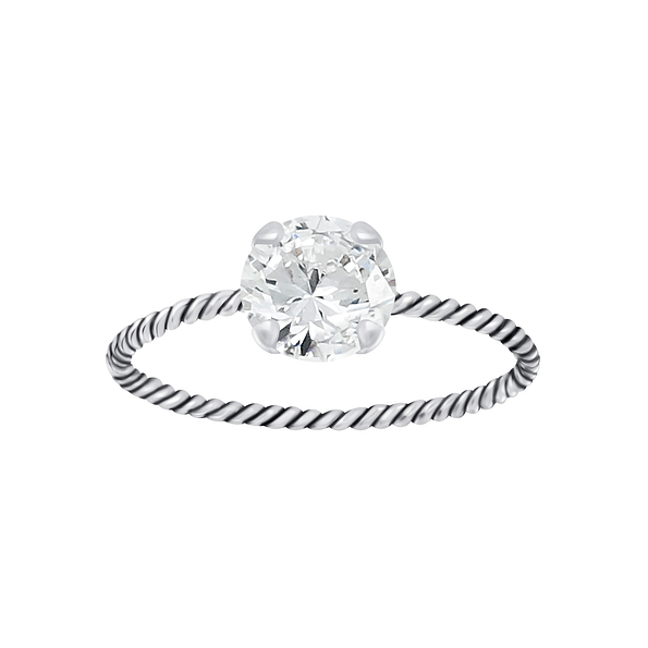 Wholesale 6mm Round Cubic Zirconia Sterling Silver Twisted Band Solitaire Ring - JD4689