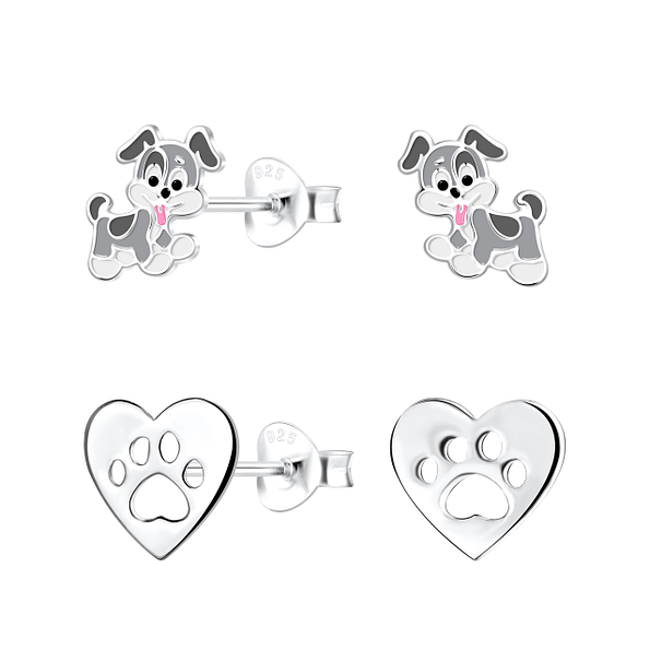 Wholesale Silver Dog Lover Stud Earrings Set
