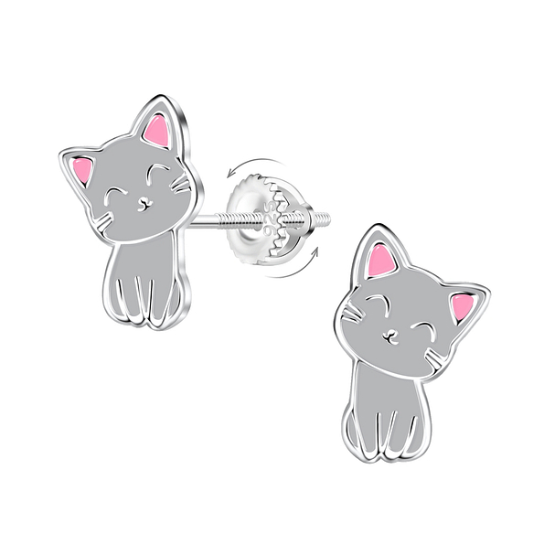 Wholesale Sterling Silver Cat Screw Back Ear Studs - JD16994