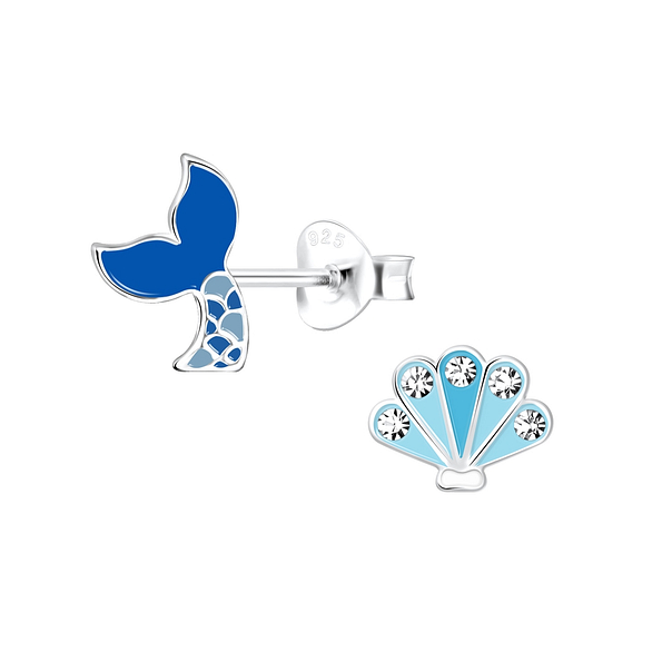 Wholesale Sterling Silver Mermaid Tail and Shell Ear Studs - JD18602