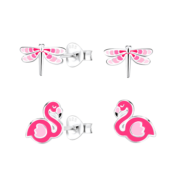 Wholesale Sterling Silver Pink Lover Ear Studs Set - JD18550