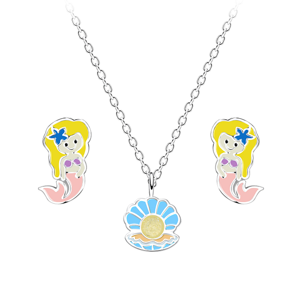 Wholesale Sterling Silver Mermaid Necklace and Ear Studs Set - JD18621