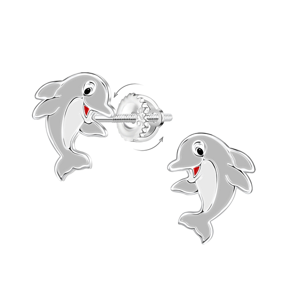 Wholesale Sterling Silver Dolphin Screw Back Ear Studs - JD16999