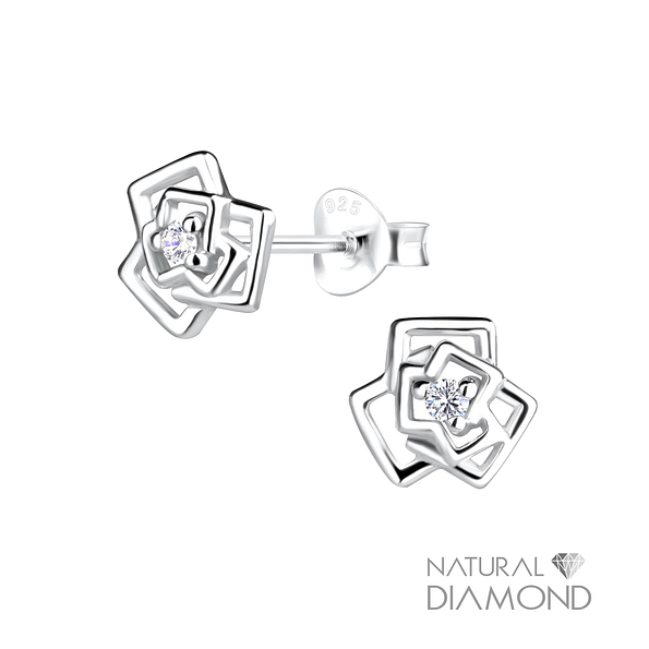 Wholesale Sterling Silver Rose Flower Ear Studs With Natural Diamond - JD17060