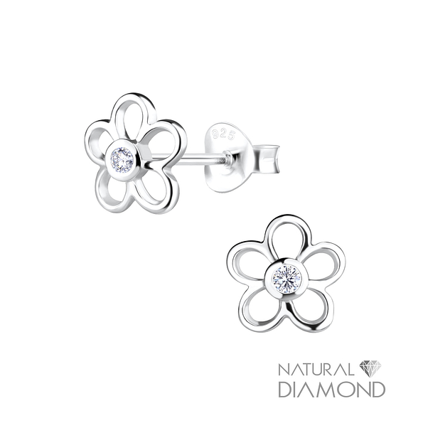 Wholesale Sterling Silver Flower Ear Studs With Natural Diamond - JD17070