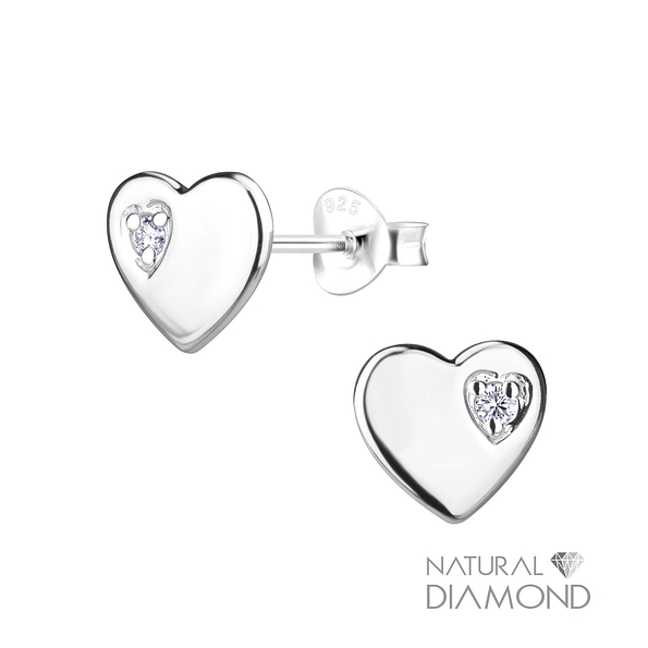 Wholesale Sterling Silver Heart Ear Studs With Natural Diamond - JD14989