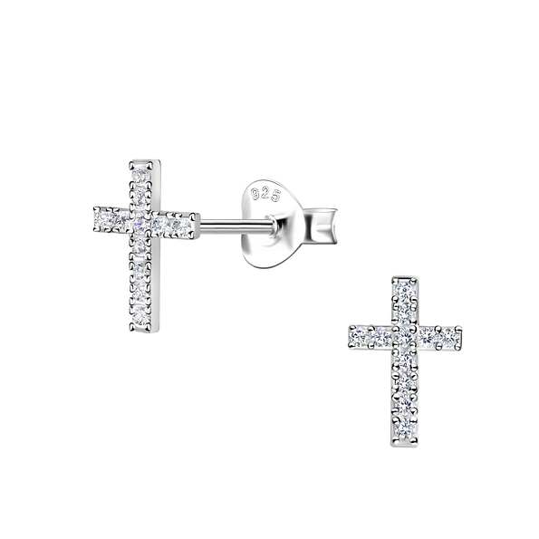 Wholesale Sterling Silver Cross Cubic Zirconia Ear Studs - JD9473