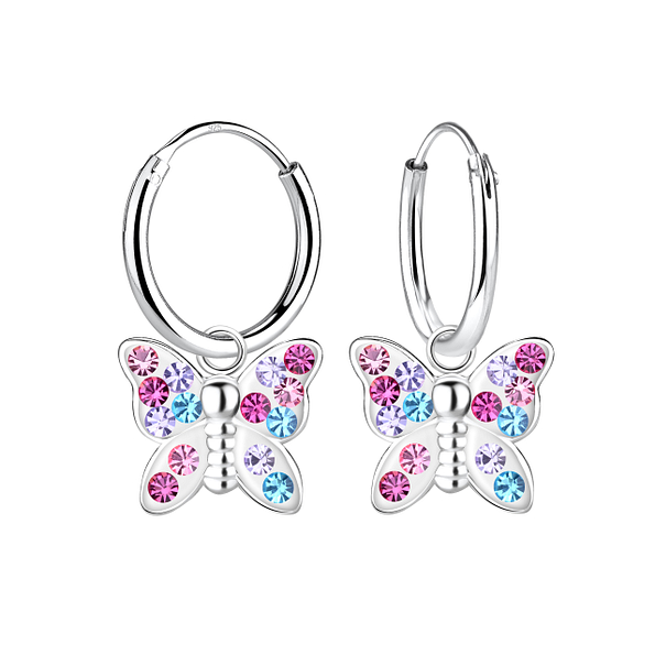 Wholesale Sterling Silver Butterfly Crystal Charm Ear Hoops - JD10680