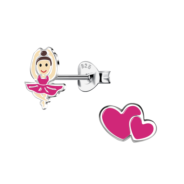 Wholesale Sterling Silver Double Heart and Ballerina Ear Studs - JD17844