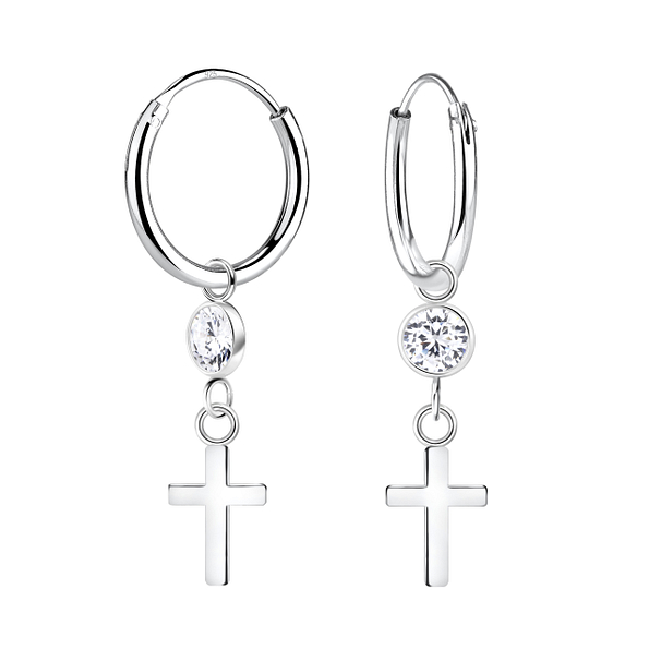 Wholesale Sterling Silver Cross Charm Ear Hoops - JD21364