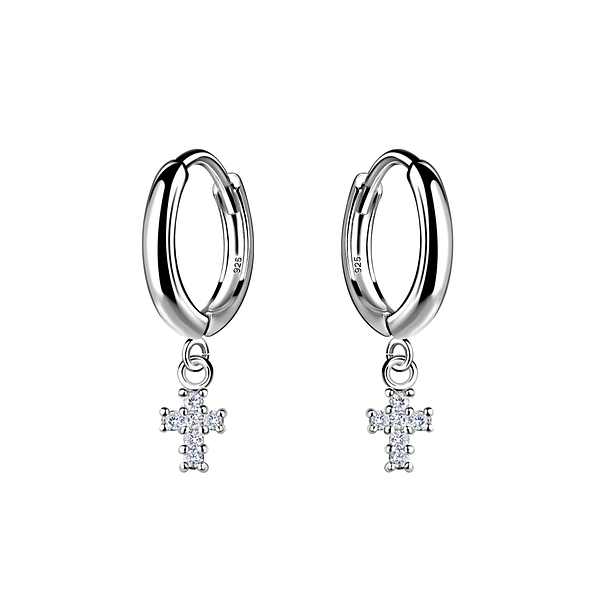 Wholesale Sterling Silver Cross Charm Huggie Earrings - JD21268