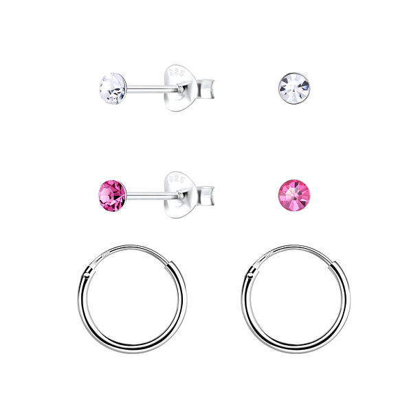 Wholesale 3mm Crystal Sterling Silver Stud and Ear Hoops Set - JD22358