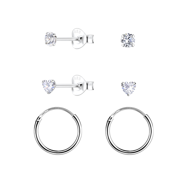 Wholesale 3mm Heart Cubic Zirconia Sterling Silver Stud and Ear Hoops Set - JD22350