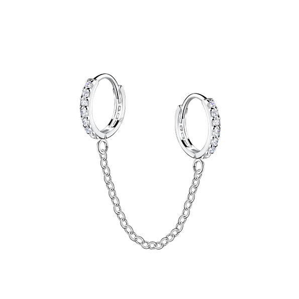 Wholesale 10mm Sterling Silver Double Huggie Earrings with Chain - JD22564 Wholesale 10mm Sterling Silver Double Huggie Earrings with Chain - JD22564