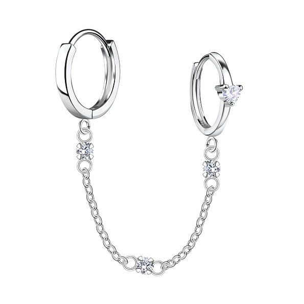 Wholesale Sterling Silver Heart Double Huggie Earrings with Chain - JD22588