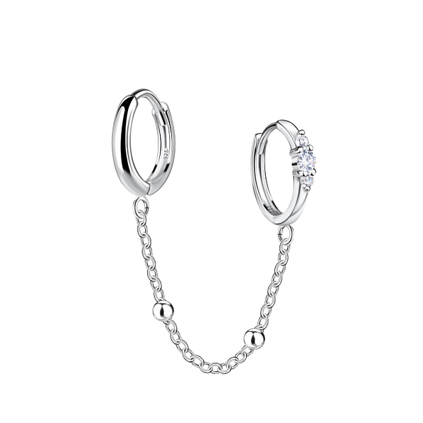 Wholesale Sterling Silver Double Huggie Earrings with Chain - JD22595