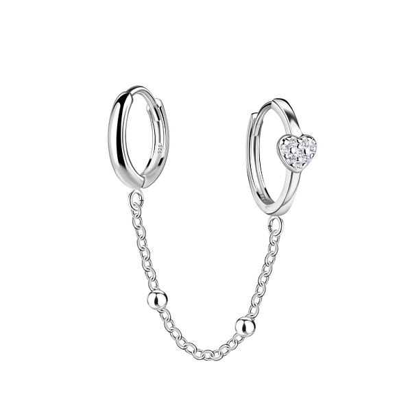 Wholesale Sterling Silver Heart Double Huggie Earrings with Chain - JD22596