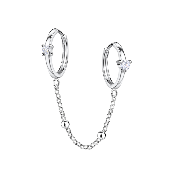 Wholesale Sterling Silver Double Huggie Earrings with Chain - JD22597