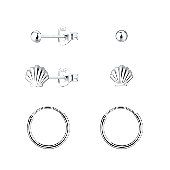 Wholesale Sterling Silver Shell Stud and Ear Hoops Set - JD22807