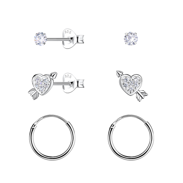 Wholesale Silver Heart Stud and Hoop Earrings Set