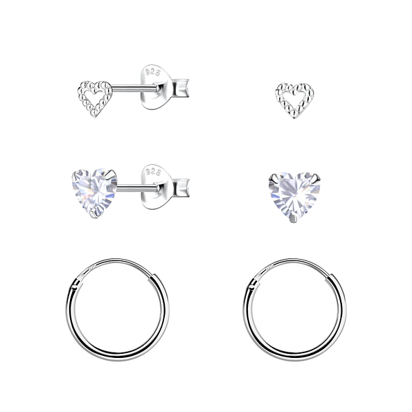 Wholesale Sterling Silver Heart Stud and Ear Hoops Set - JD22808