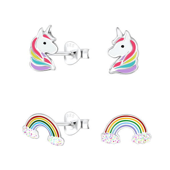 Wholesale Sterling Silver Unicorn and Rainbow Ear Studs Set - JD22269
