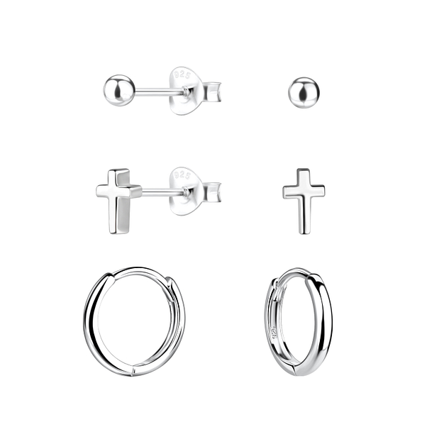 Wholesale Sterling Silver Cross Stud and Huggie Earrings Set - JD22361