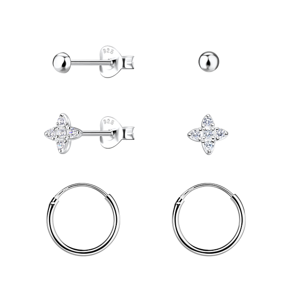Wholesale Sterling Silver Flower Stud and Ear Hoops Set - JD22796