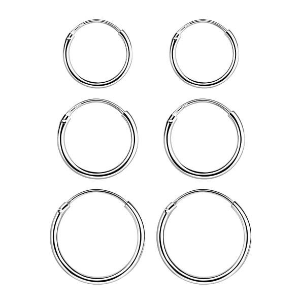 Wholesale 10mm, 12mm and 14mm Sterling Silver Ear Hoops Set - JD22351