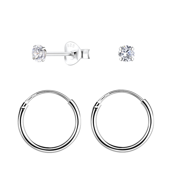 Wholesale 3mm Round Cubic Zirconia Sterling Silver Stud and Ear Hoops Set - JD22348