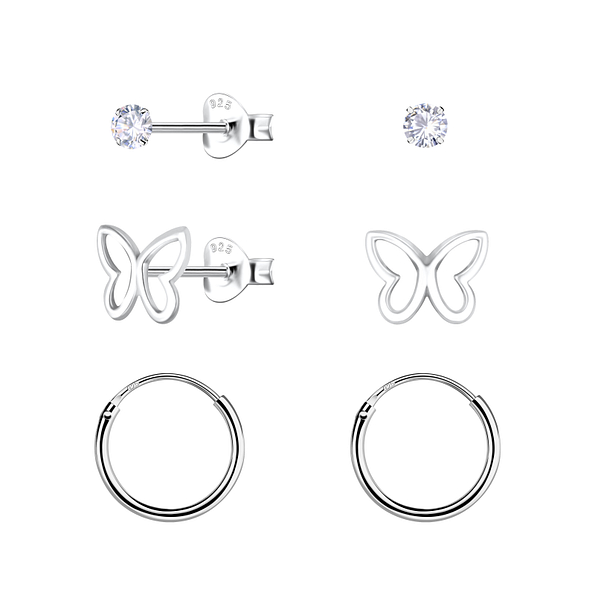 Wholesale Sterling Silver Butterfly Stud and Ear Hoops Set - JD22797