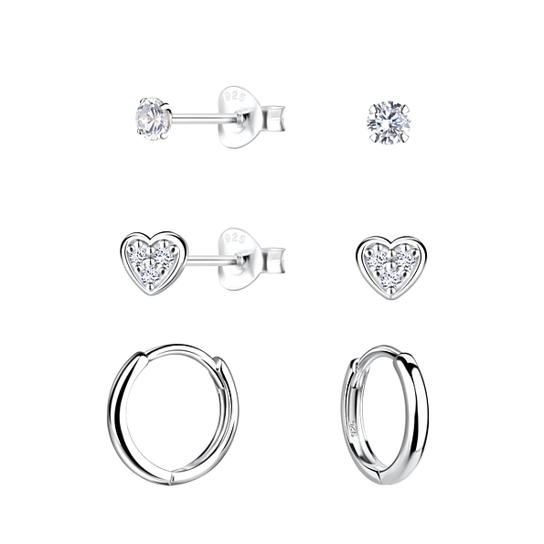 Wholesale Sterling Silver Heart Stud and Huggie Earrings Set - JD22363