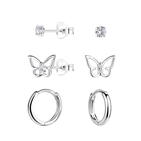Wholesale Sterling Silver Butterfly Stud and Huggie Earrings Set - JD22370