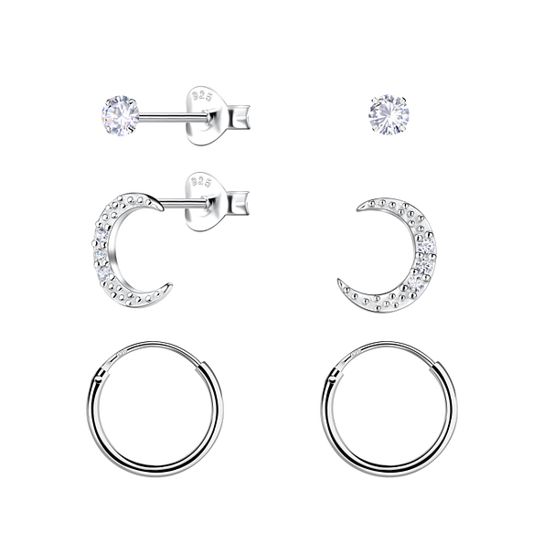Wholesale Sterling Silver Moon Stud and Ear Hoops Set - JD22804