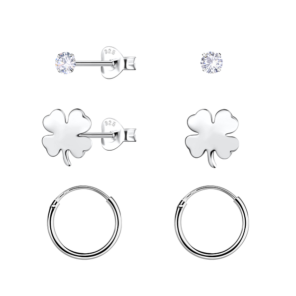 Wholesale Sterling Silver Clover Stud and Ear Hoops Set - JD22800