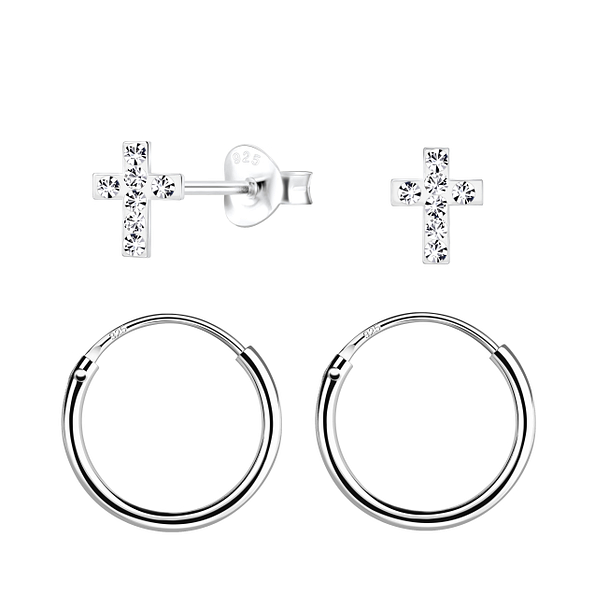 Wholesale Sterling Silver Cross Stud and Ear Hoops Set - JD22349