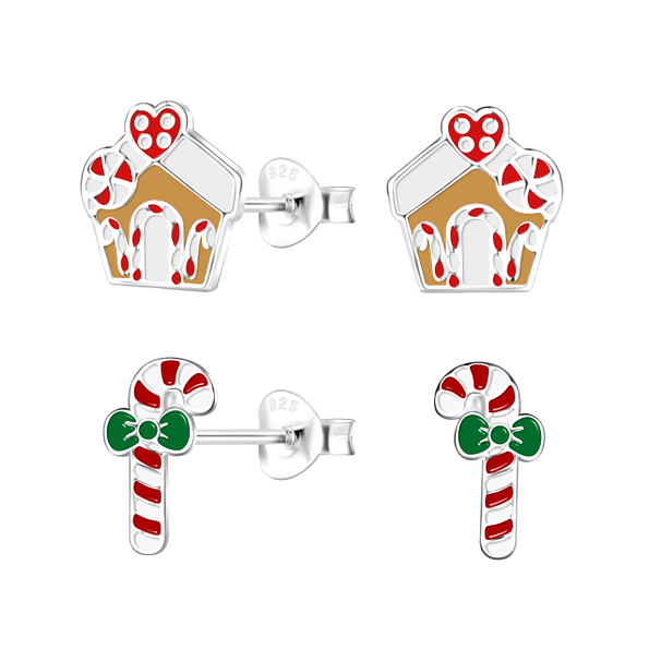 Wholesale Sterling Silver Christmas Candy Ear Studs Set - JD22304