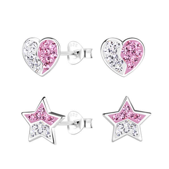 Wholesale Sterling Silver Heart and Star Ear Studs Set - JD22297