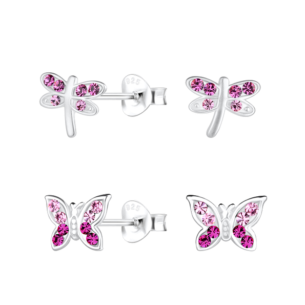 Wholesale Sterling Silver Dragonfly and Butterfly Ear Studs Set - JD22299