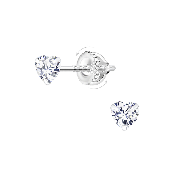 Wholesale 4mm Heart Cubic Zirconia Sterling Silver Screw Back Ear Studs - JD21963
