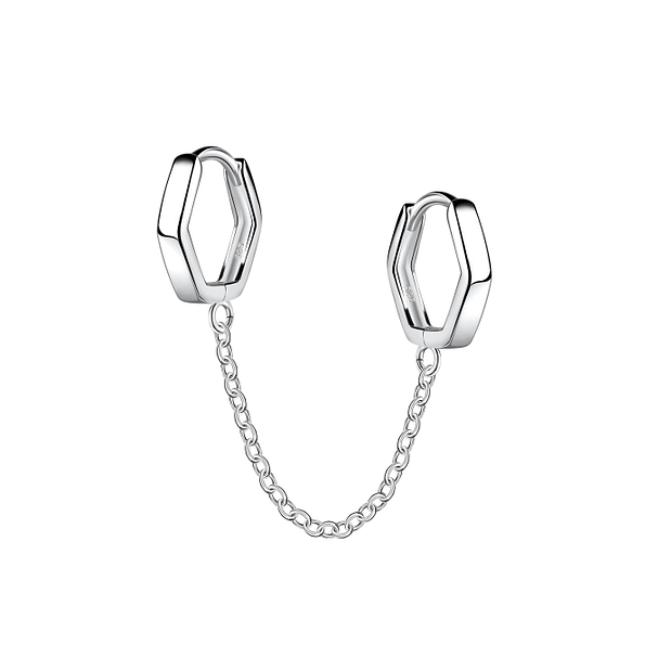 Wholesale 11mm Sterling Silver Double Geometric Huggie Earrings with Chain - JD22566