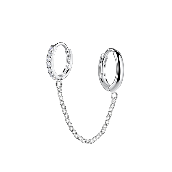 Wholesale 11mm Sterling Silver Double Huggie Earrings with Chain - JD22573