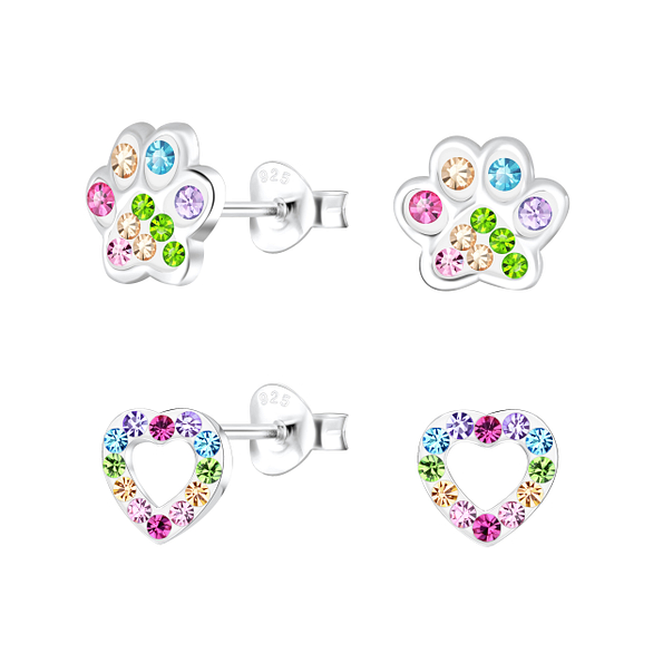 Wholesale Sterling Silver Paw Print and Heart Ear Studs Set - JD22296