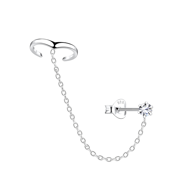 Wholesale 3mm Crystal Sterling Silver Ear Studs and Chevron Ear Cuff with Chain - JD20933