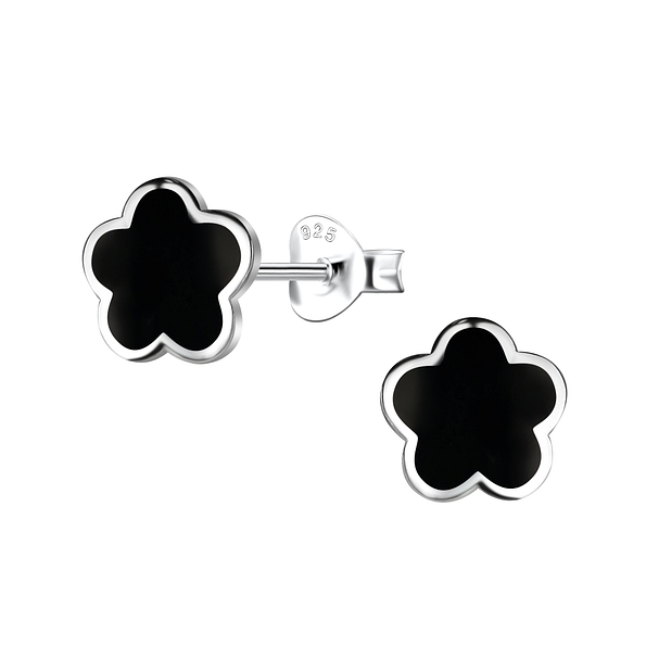 Wholesale Sterling Silver Flower Ear Studs with Synthetic Black Onyx - JD23458
