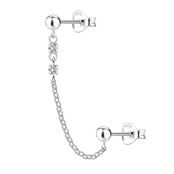 Wholesale Sterling Silver Ball Double Ear Studs with Chain - JD22475