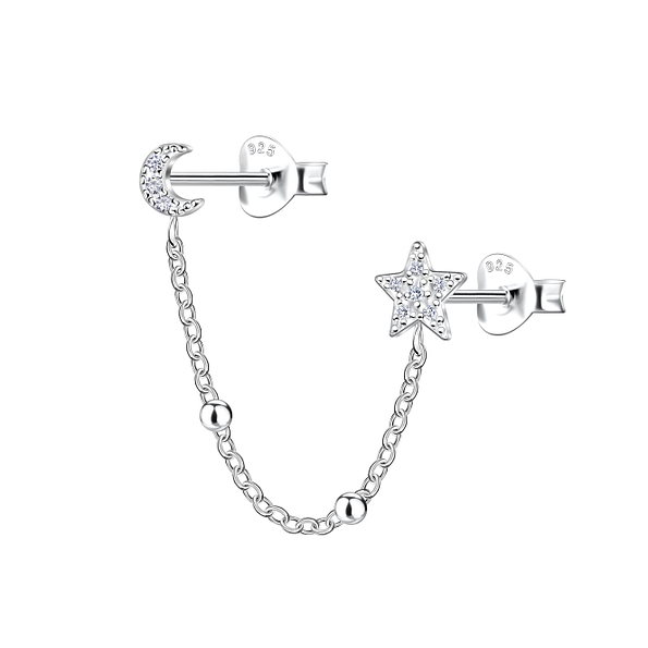 Wholesale Sterling Silver Moon and Star Double Ear Studs with Chain - JD22484