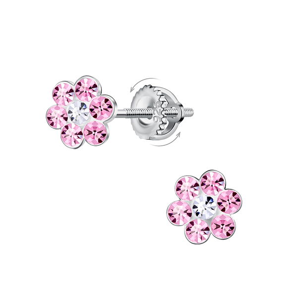 Wholesale Sterling Silver Flower Crystal Screw Back Ear Studs - JD23184 Wholesale Sterling Silver Flower Crystal Screw Back Ear Studs - JD23184