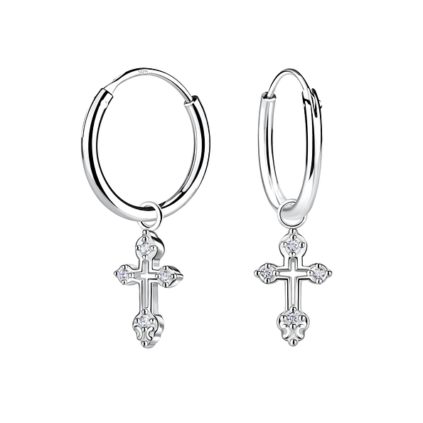 Wholesale Sterling Silver Cross Charm Ear Hoops - JD23139