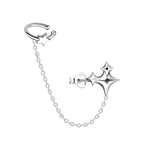 Wholesale Sterling Silver Triple Star Ear Studs and Ear Cuff with Chain - JD20931